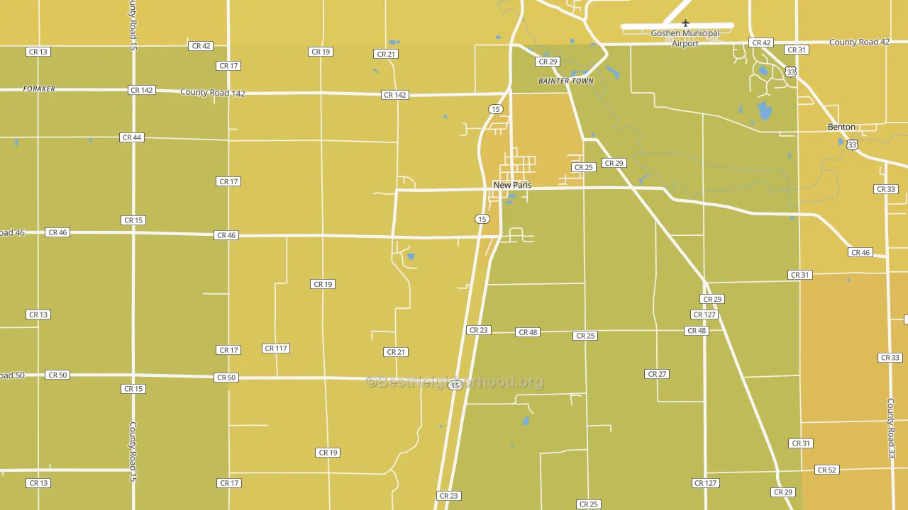 Map of the best neighborhoods in the 46553 area, with better matches in green and worse matches in red