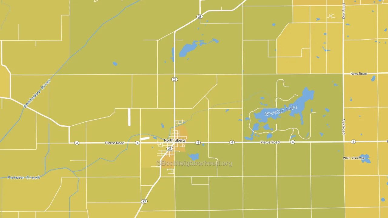 Map of the best neighborhoods in the 46554 area, with better matches in green and worse matches in red