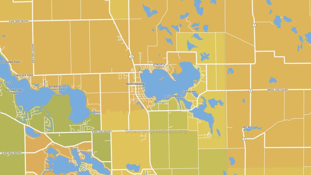 Map of the best neighborhoods in the 46555 area, with better matches in green and worse matches in red
