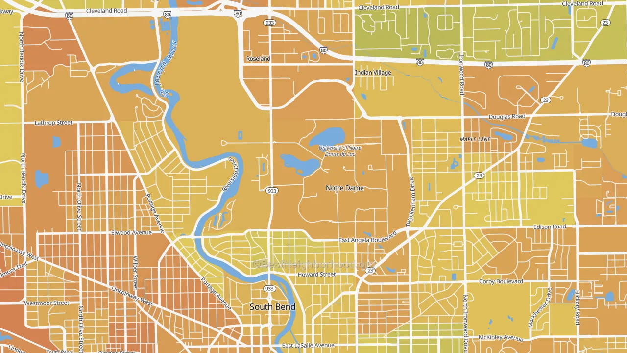 Map of the best neighborhoods in the 46556 area, with better matches in green and worse matches in red