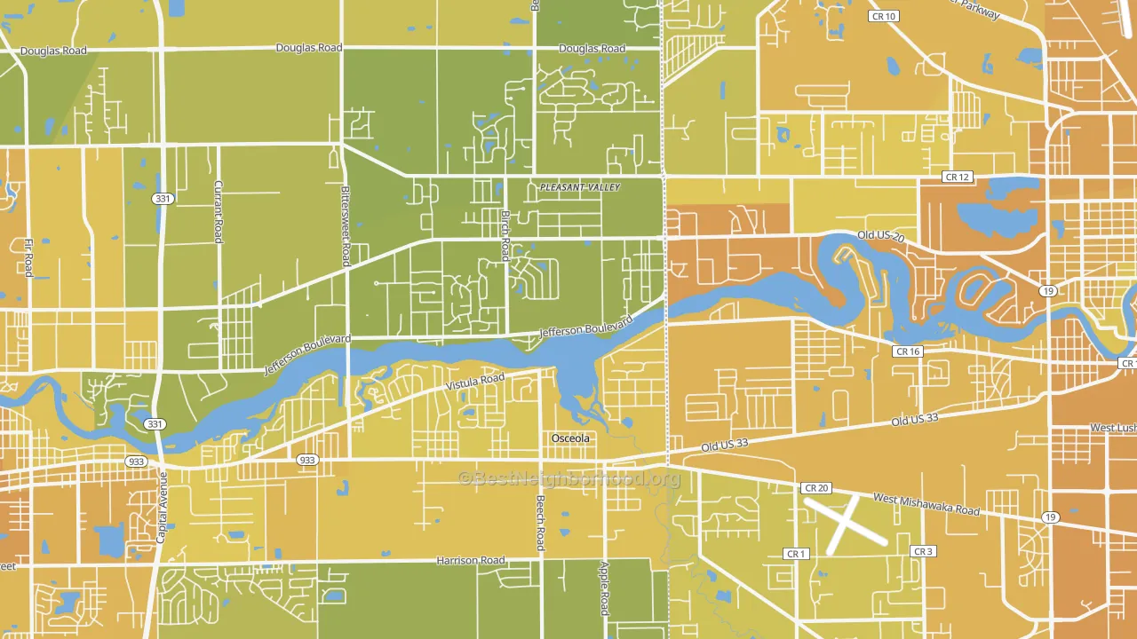 Map of the best neighborhoods in the 46561 area, with better matches in green and worse matches in red