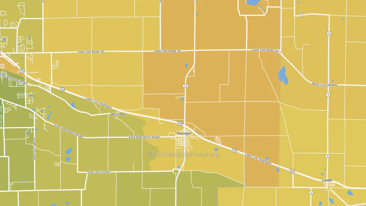 Map of the best neighborhoods in the 46562 area, with better matches in green and worse matches in red