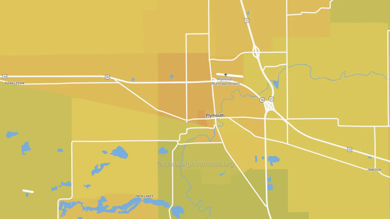 Map of the best neighborhoods in the 46563 area, with better matches in green and worse matches in red