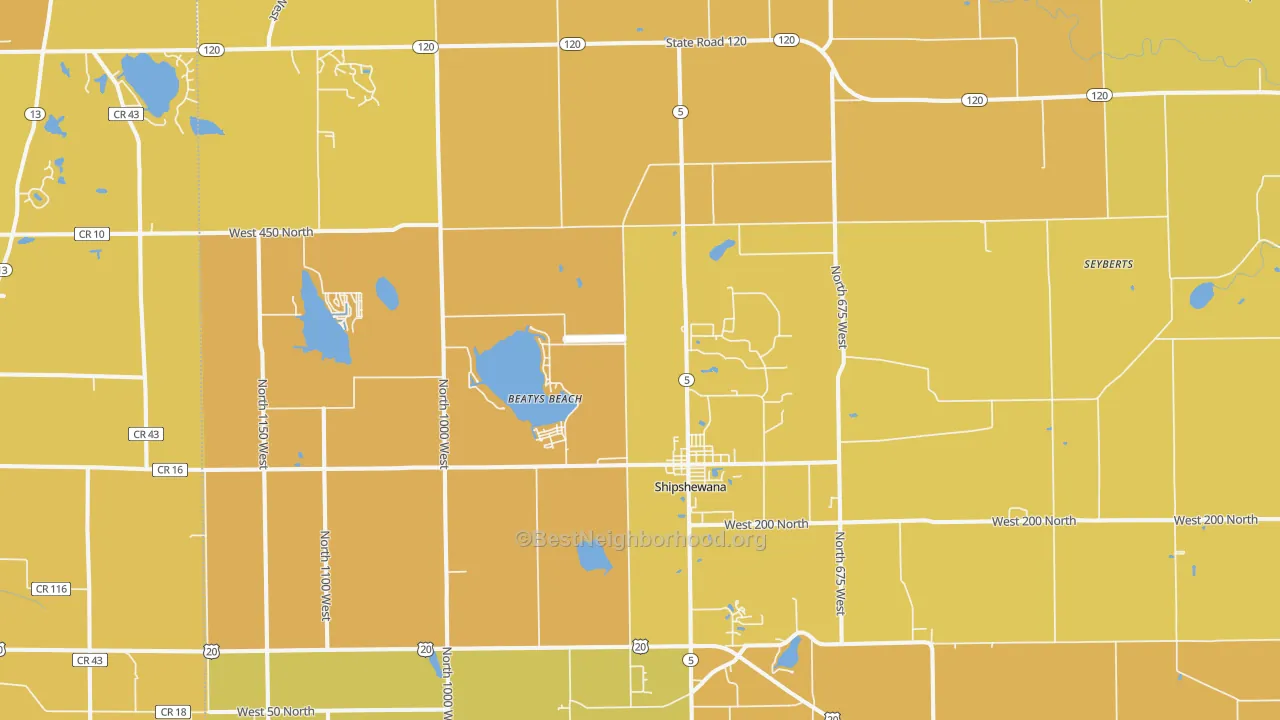 Map of the best neighborhoods in the 46565 area, with better matches in green and worse matches in red