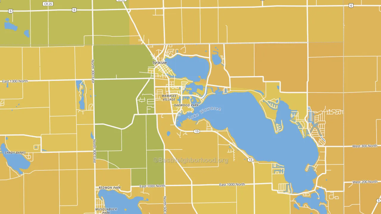 Map of the best neighborhoods in the 46567 area, with better matches in green and worse matches in red