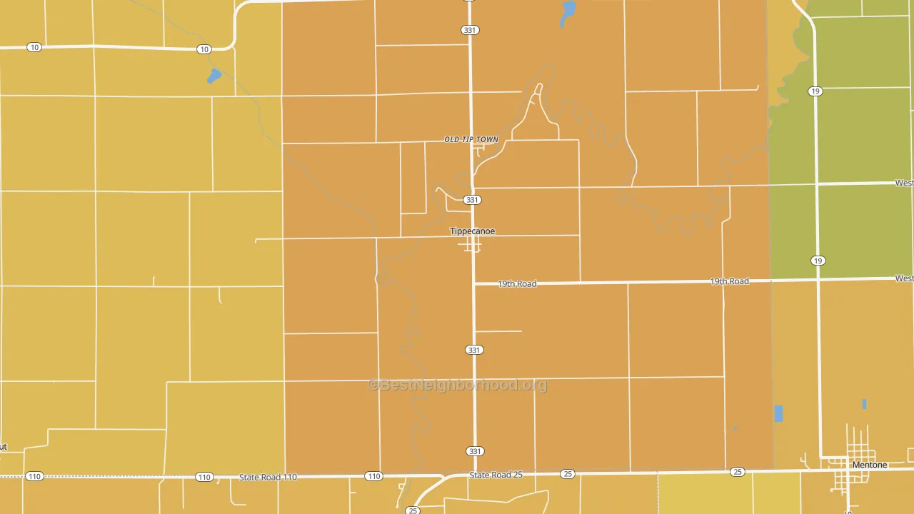 Map of the best neighborhoods in the 46570 area, with better matches in green and worse matches in red