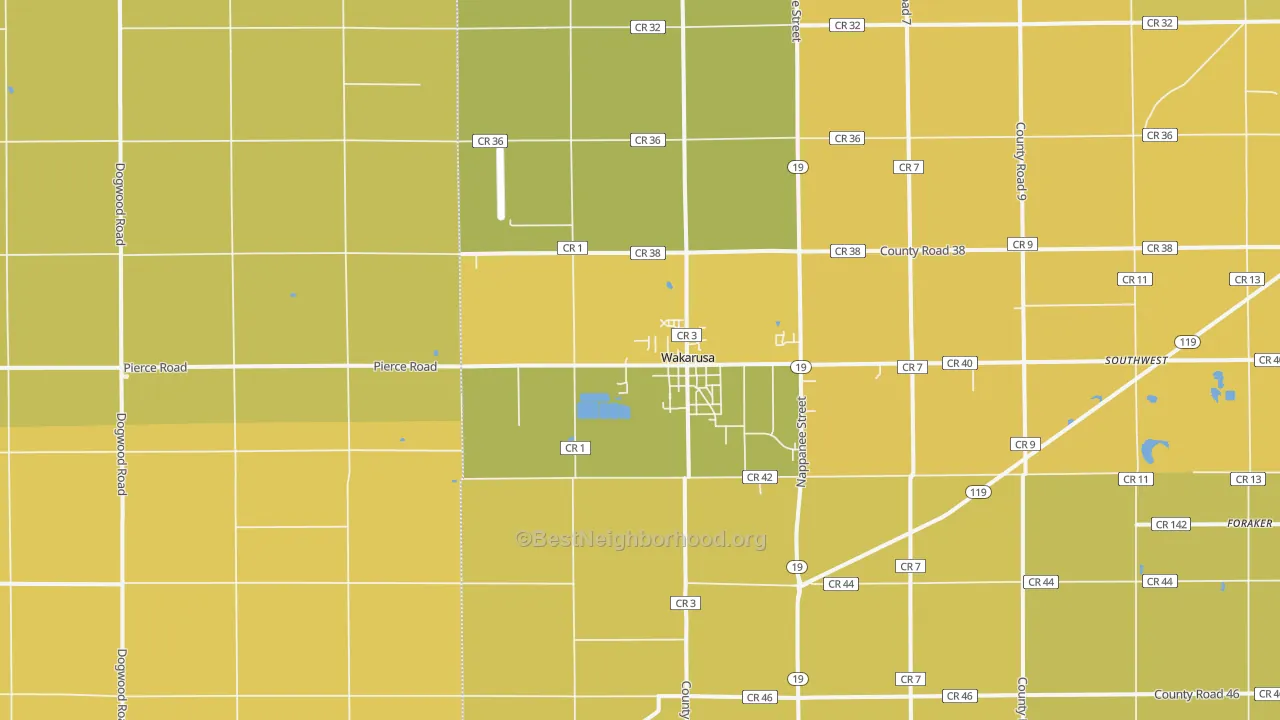 Map of the best neighborhoods in the 46573 area, with better matches in green and worse matches in red