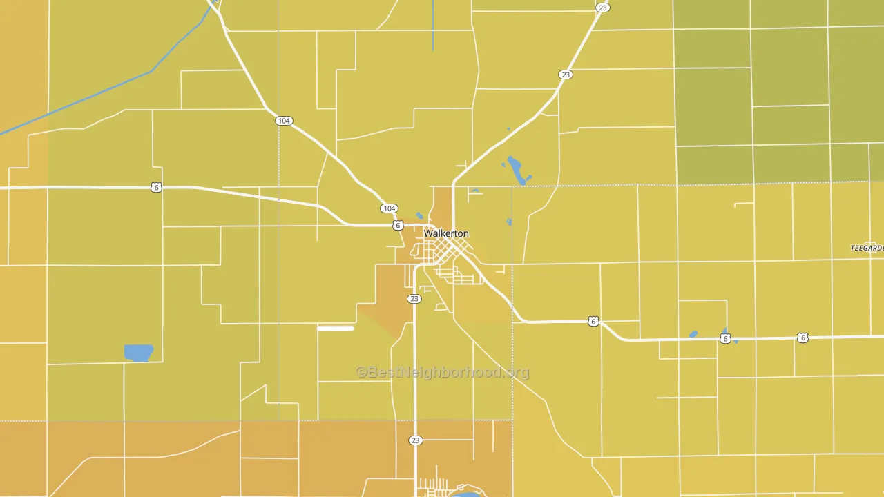 Map of the best neighborhoods in the 46574 area, with better matches in green and worse matches in red