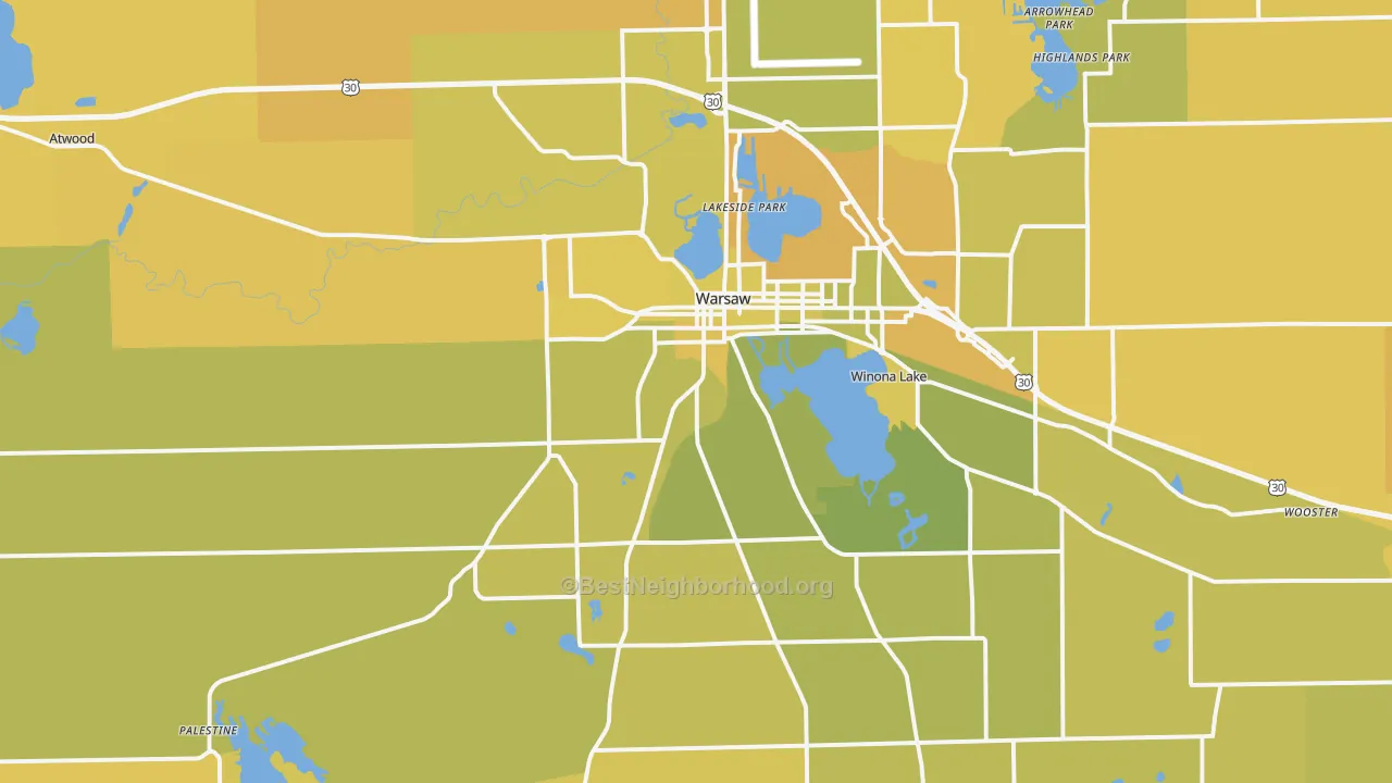 Map of the best neighborhoods in the 46580 area, with better matches in green and worse matches in red