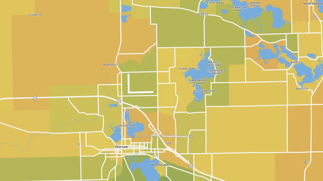 Map of the best neighborhoods in the 46582 area, with better matches in green and worse matches in red