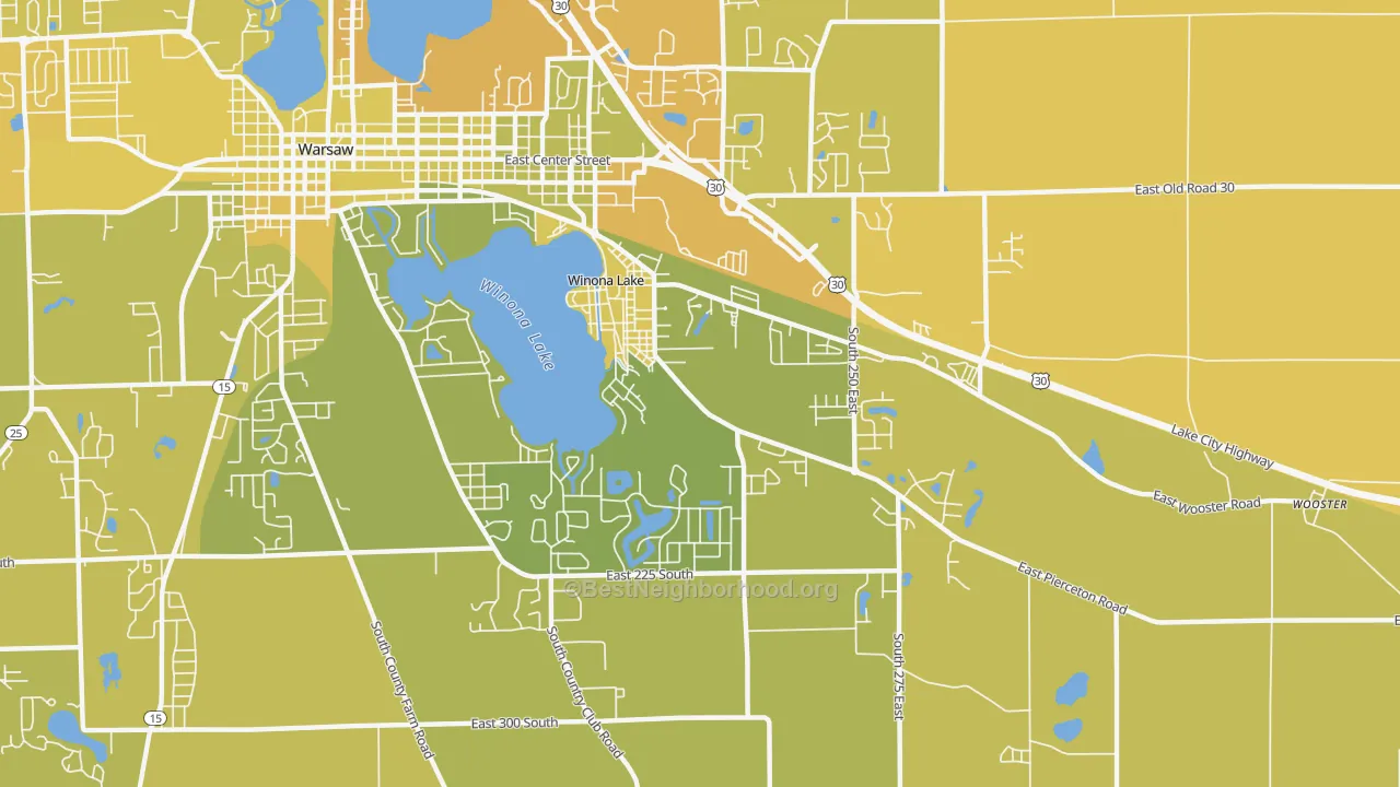 Map of the best neighborhoods in the 46590 area, with better matches in green and worse matches in red