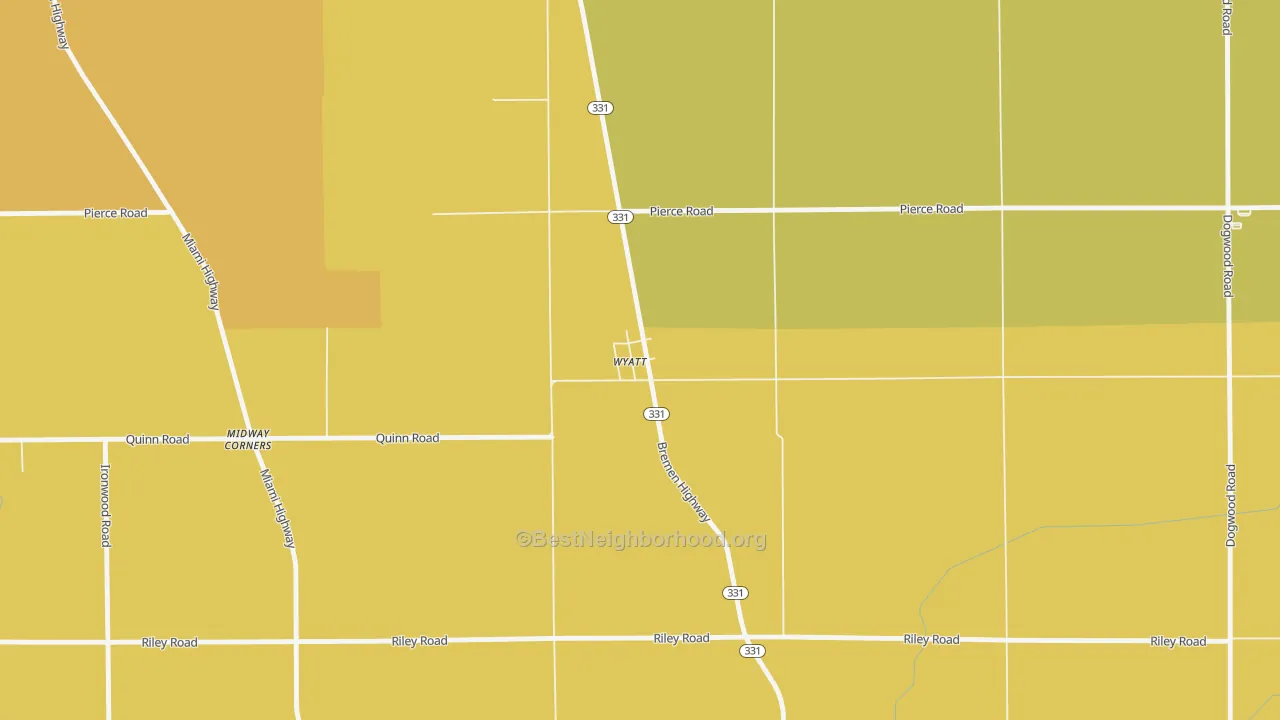 Map of the best neighborhoods in the 46595 area, with better matches in green and worse matches in red