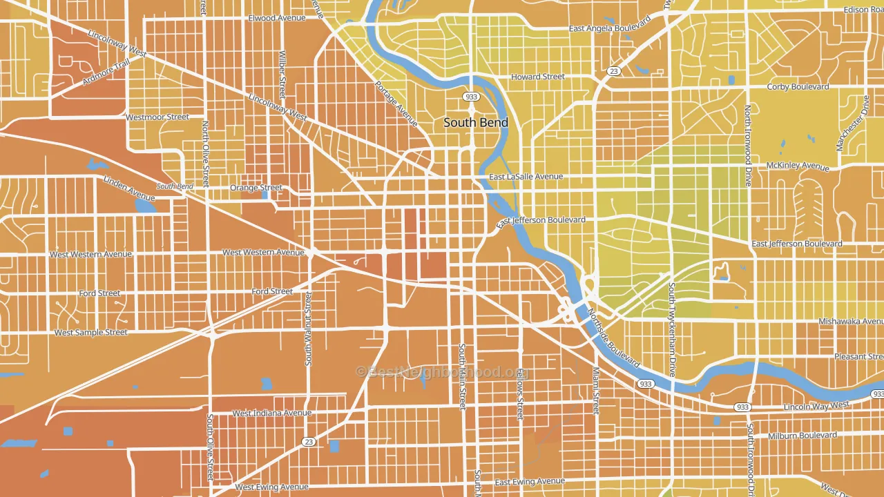 Map of the best neighborhoods in the 46601 area, with better matches in green and worse matches in red