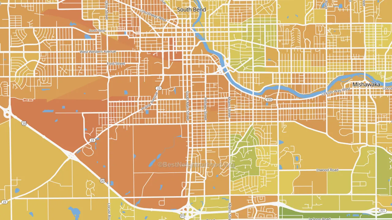 Map of the best neighborhoods in the 46613 area, with better matches in green and worse matches in red