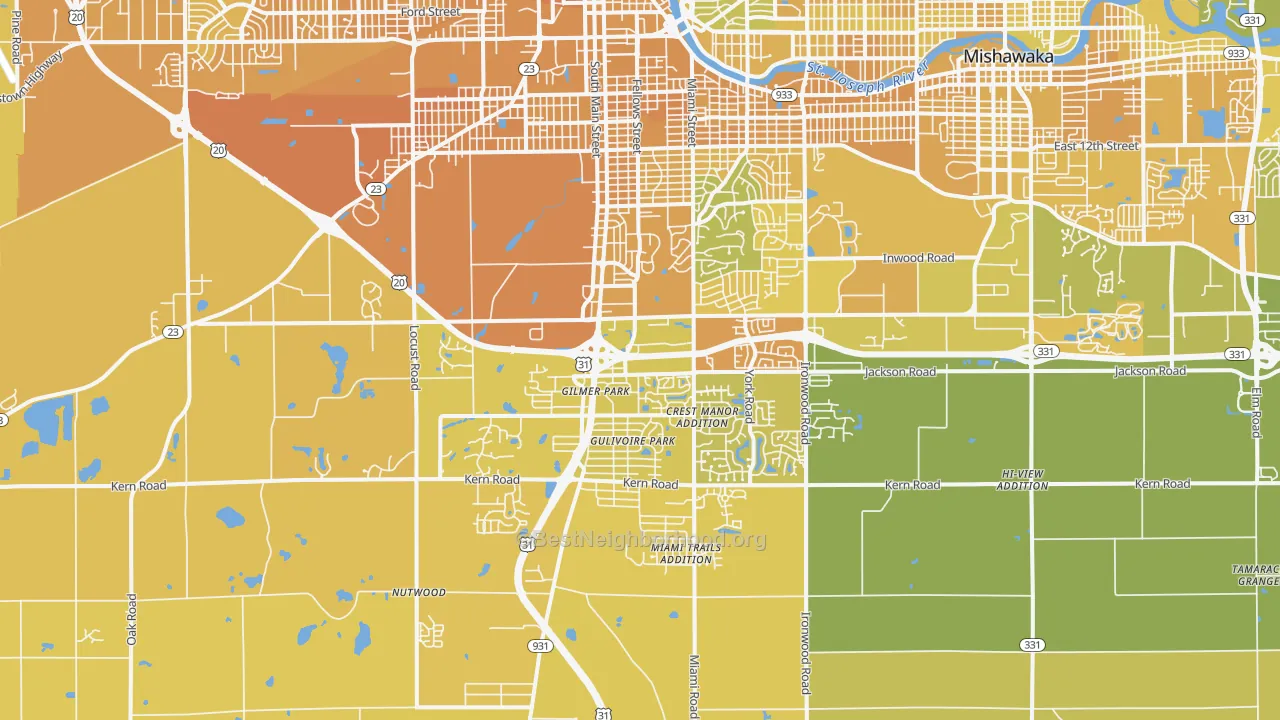 Map of the best neighborhoods in the 46614 area, with better matches in green and worse matches in red