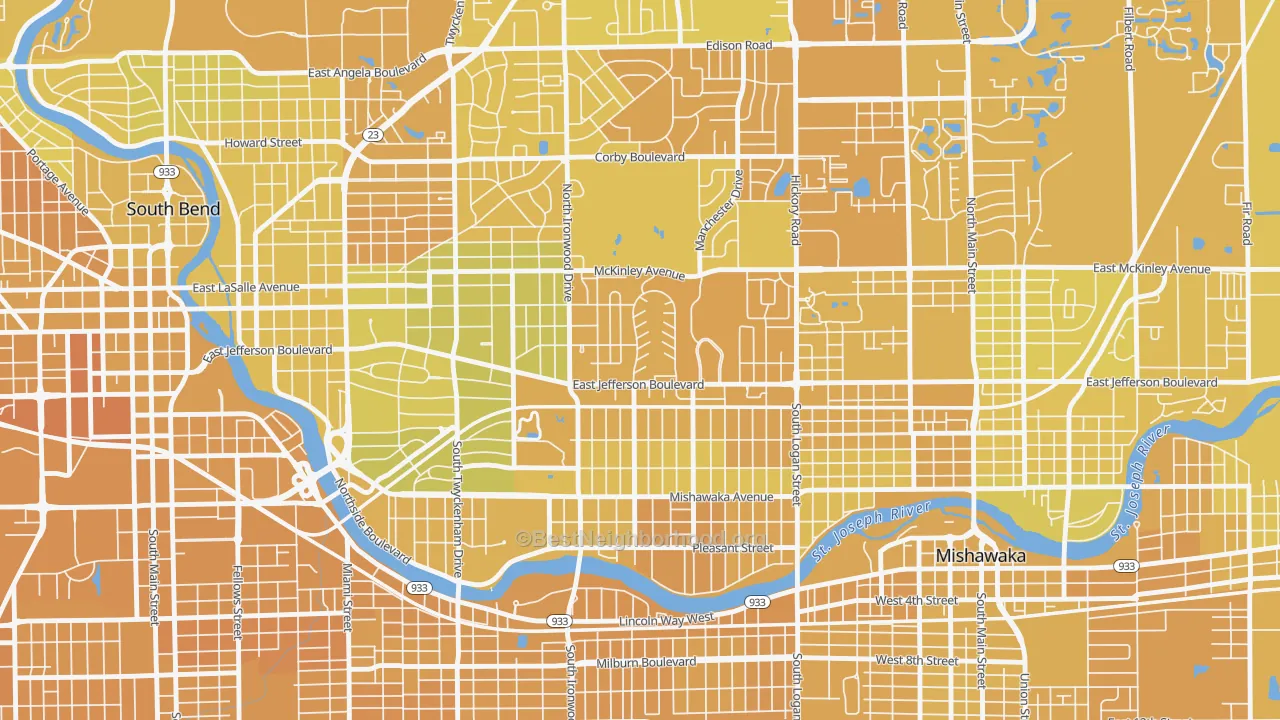 Map of the best neighborhoods in the 46615 area, with better matches in green and worse matches in red