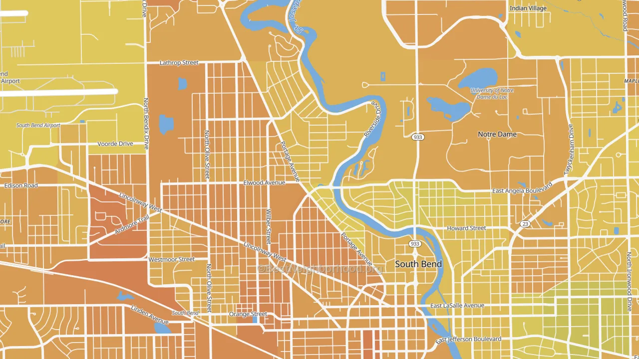 Map of the best neighborhoods in the 46616 area, with better matches in green and worse matches in red