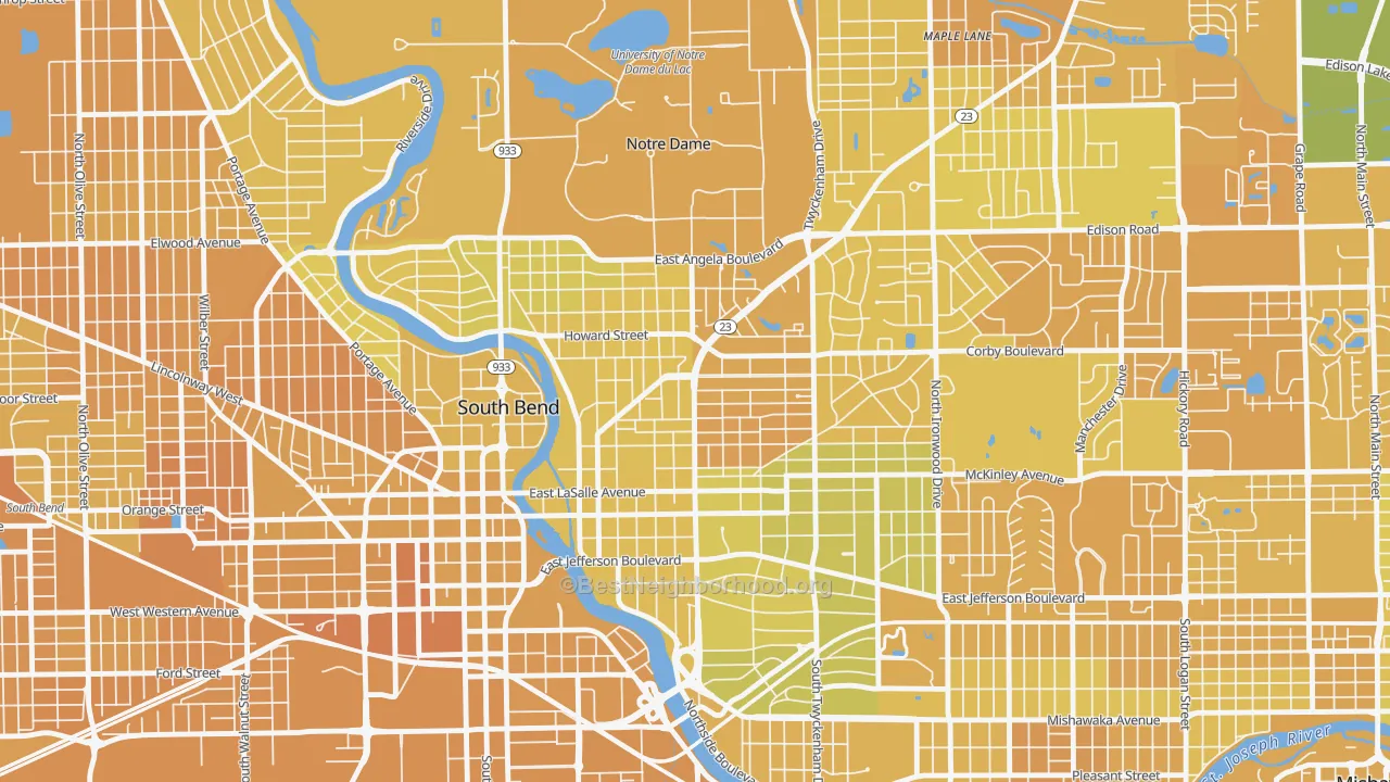 Map of the best neighborhoods in the 46617 area, with better matches in green and worse matches in red