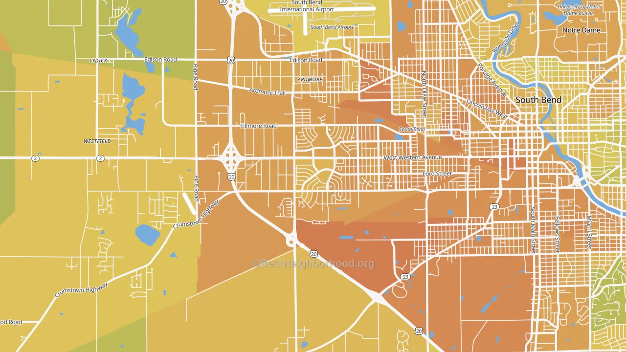 Map of the best neighborhoods in the 46619 area, with better matches in green and worse matches in red