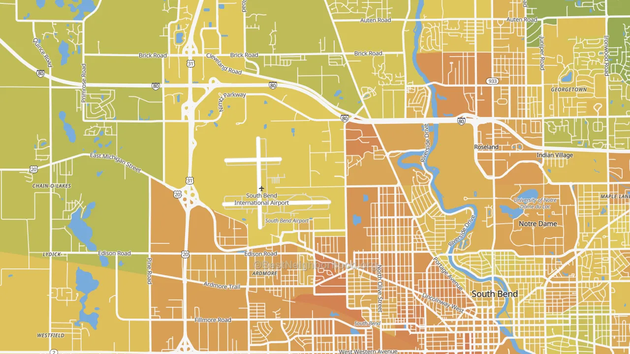 Map of the best neighborhoods in the 46628 area, with better matches in green and worse matches in red