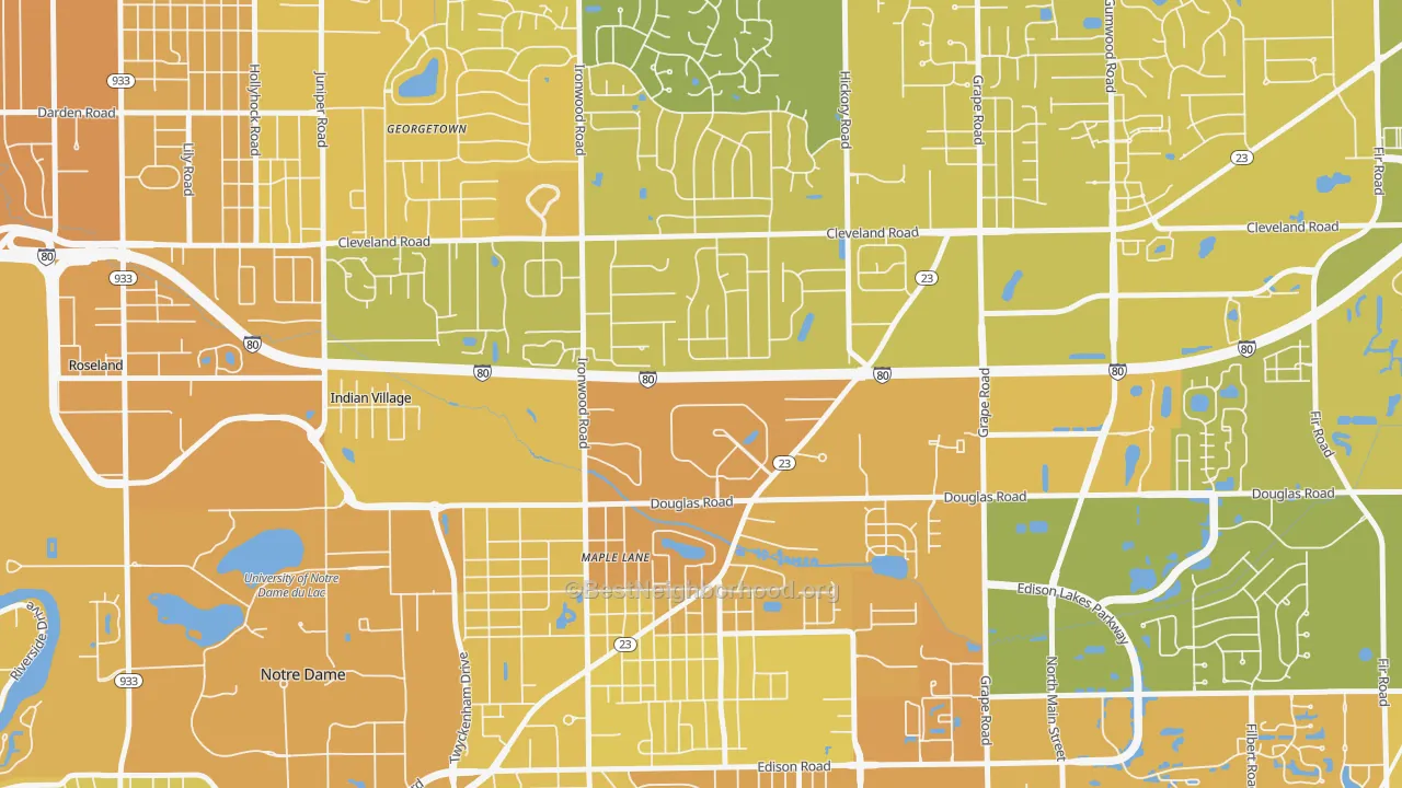 Map of the best neighborhoods in the 46635 area, with better matches in green and worse matches in red