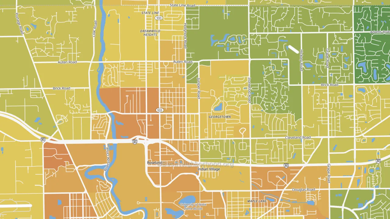 Map of the best neighborhoods in the 46637 area, with better matches in green and worse matches in red
