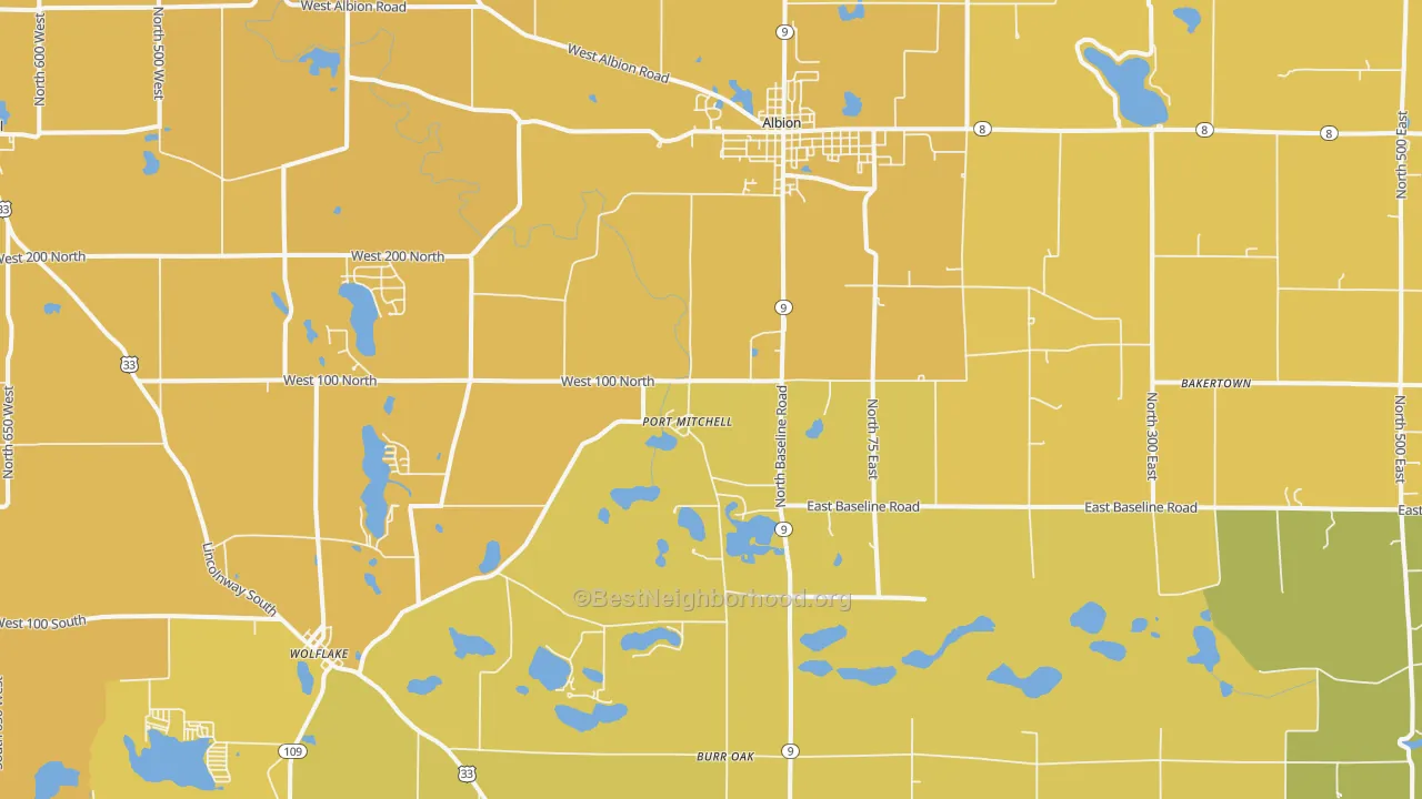 Map of the best neighborhoods in the 46701 area, with better matches in green and worse matches in red