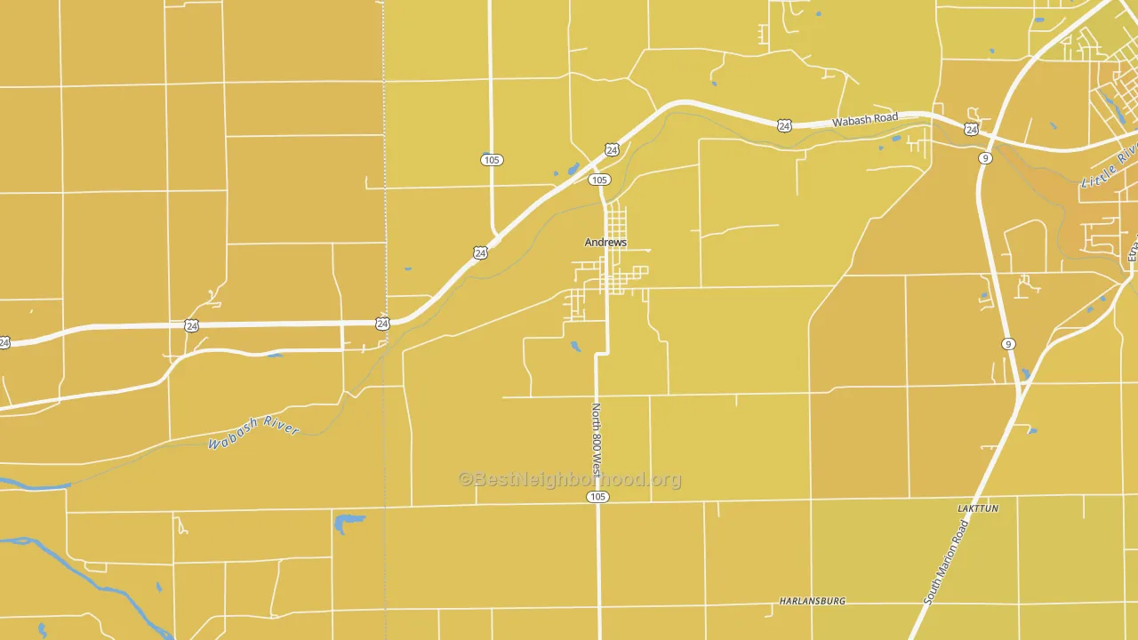 Map of the best neighborhoods in the 46702 area, with better matches in green and worse matches in red
