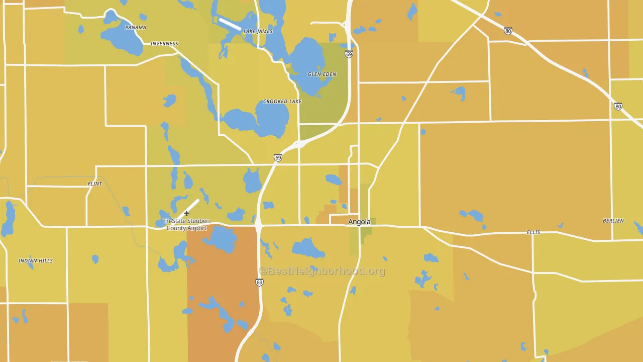 Map of the best neighborhoods in the 46703 area, with better matches in green and worse matches in red