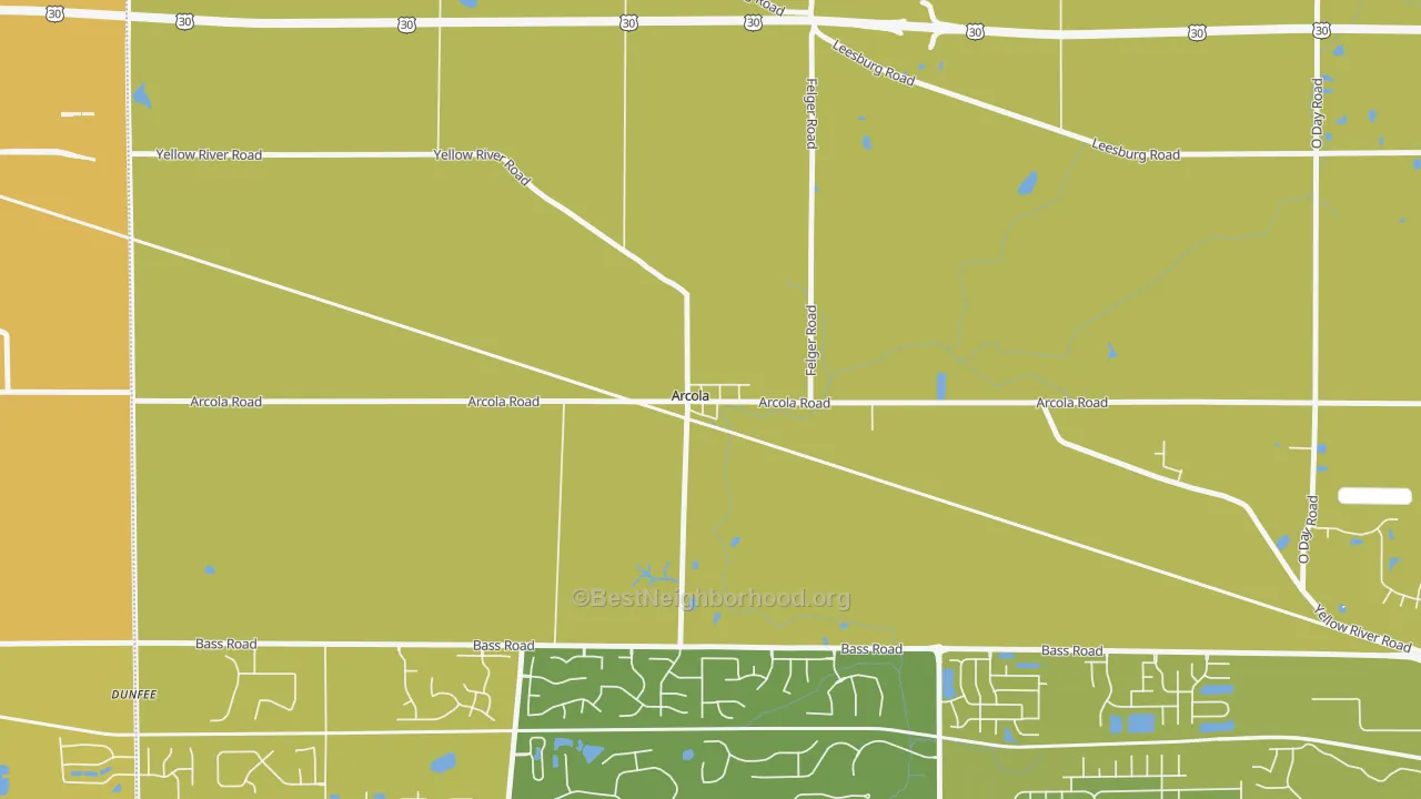 Map of the best neighborhoods in the 46704 area, with better matches in green and worse matches in red