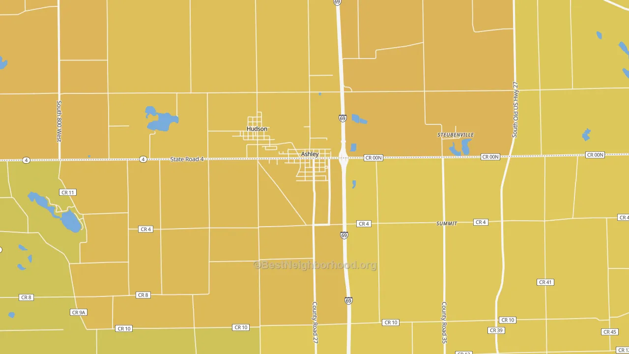 Map of the best neighborhoods in the 46705 area, with better matches in green and worse matches in red