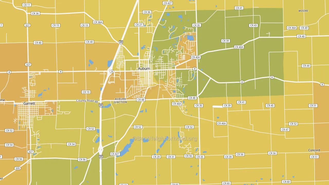 Map of the best neighborhoods in the 46706 area, with better matches in green and worse matches in red
