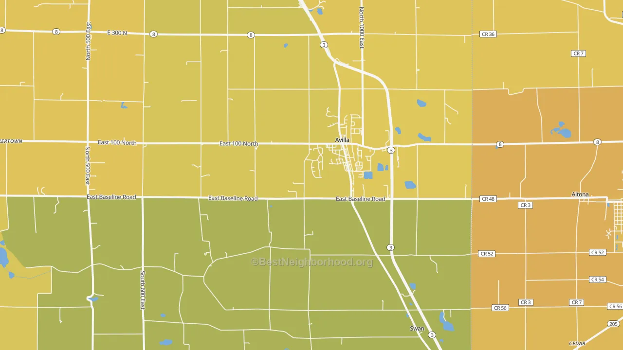 Map of the best neighborhoods in the 46710 area, with better matches in green and worse matches in red