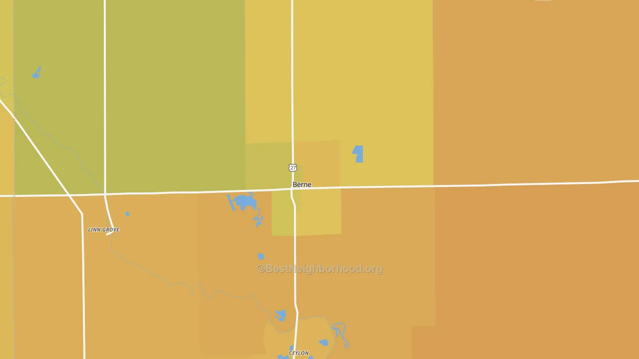 Map of the best neighborhoods in the 46711 area, with better matches in green and worse matches in red