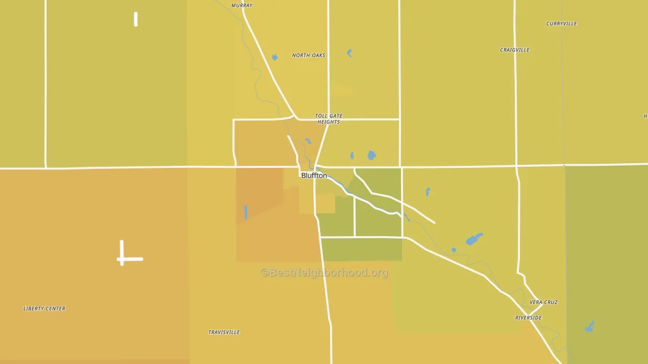 Map of the best neighborhoods in the 46714 area, with better matches in green and worse matches in red