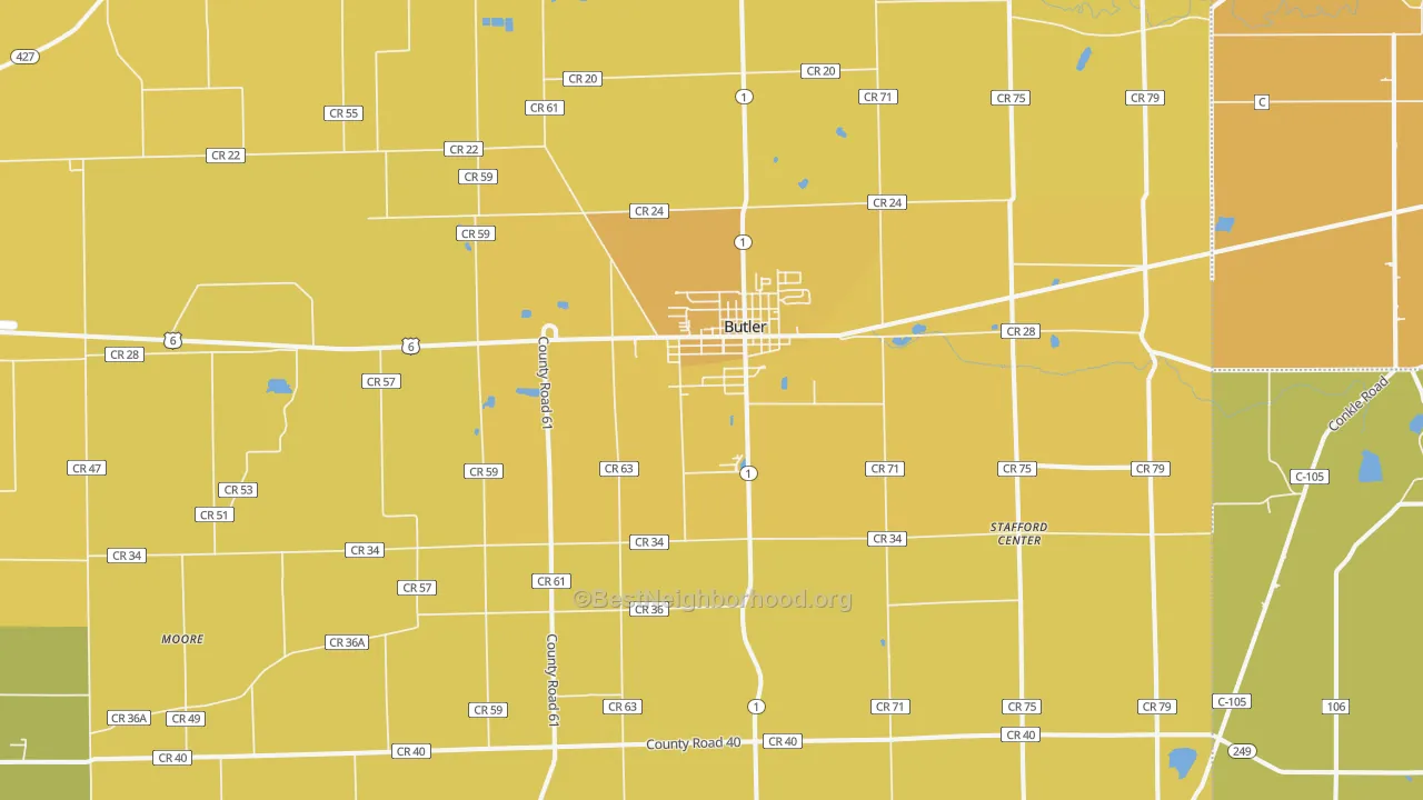 Map of the best neighborhoods in the 46721 area, with better matches in green and worse matches in red