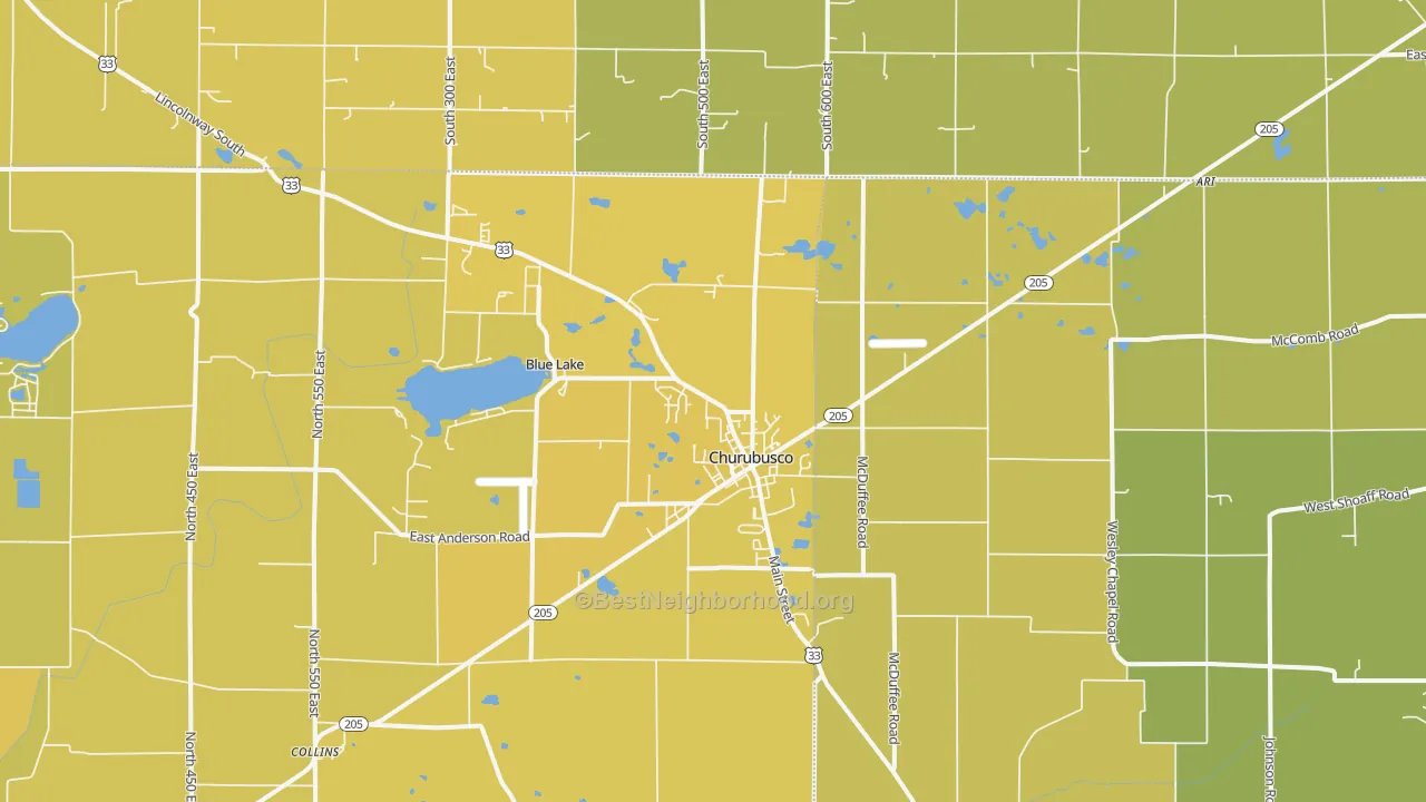 Map of the best neighborhoods in the 46723 area, with better matches in green and worse matches in red