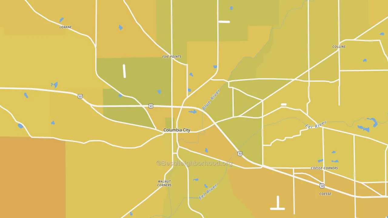 Map of the best neighborhoods in the 46725 area, with better matches in green and worse matches in red