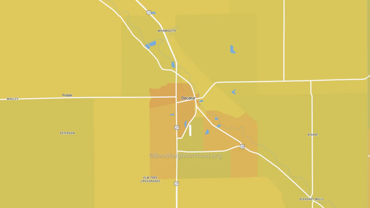 Map of the best neighborhoods in the 46733 area, with better matches in green and worse matches in red