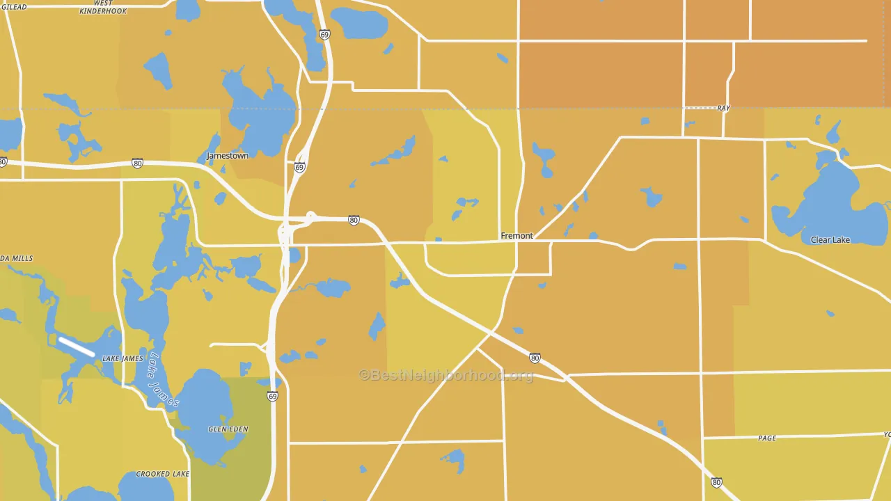 Map of the best neighborhoods in the 46737 area, with better matches in green and worse matches in red