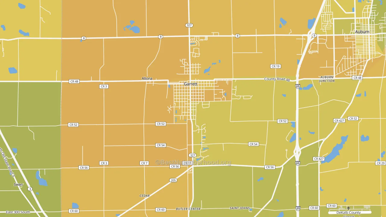 Map of the best neighborhoods in the 46738 area, with better matches in green and worse matches in red