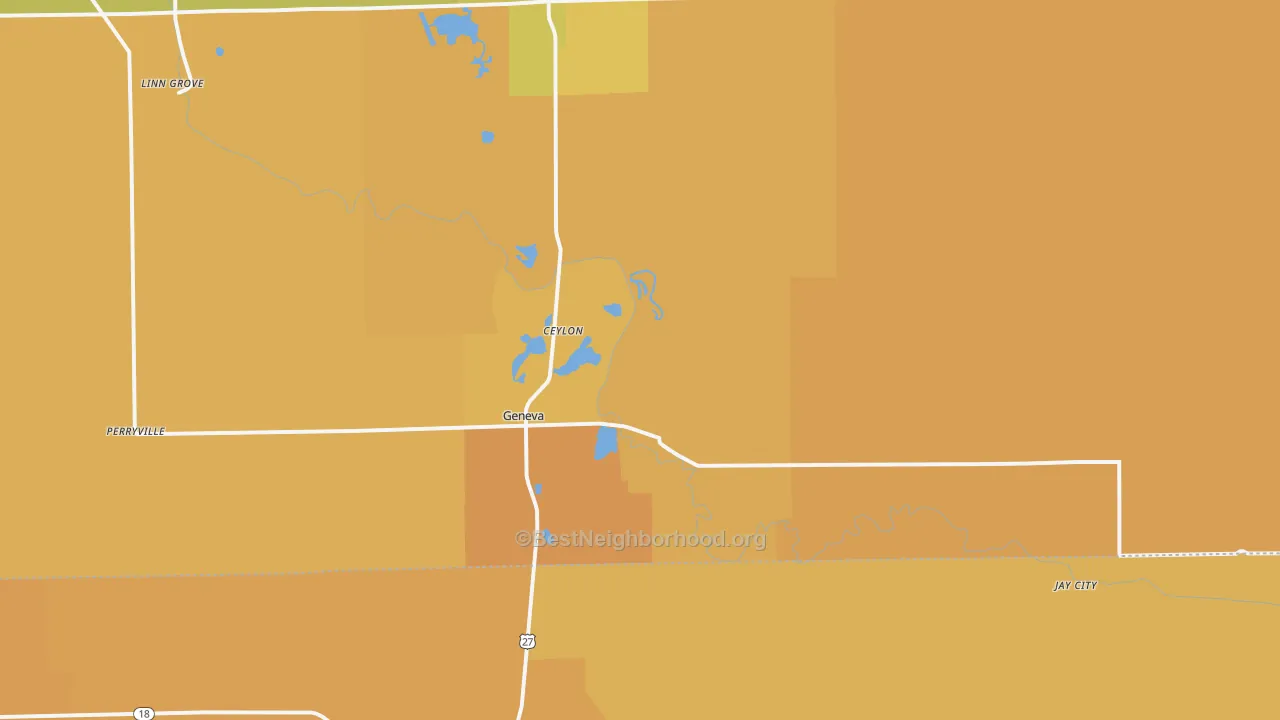 Map of the best neighborhoods in the 46740 area, with better matches in green and worse matches in red