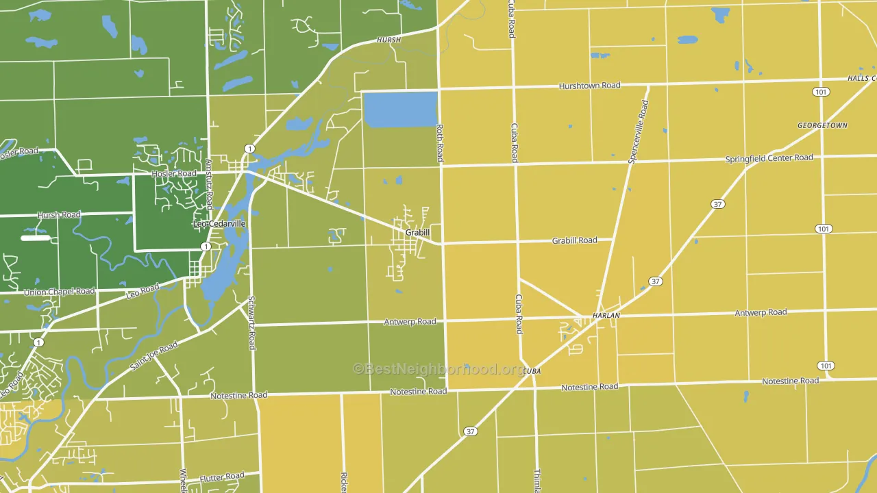 Map of the best neighborhoods in the 46741 area, with better matches in green and worse matches in red
