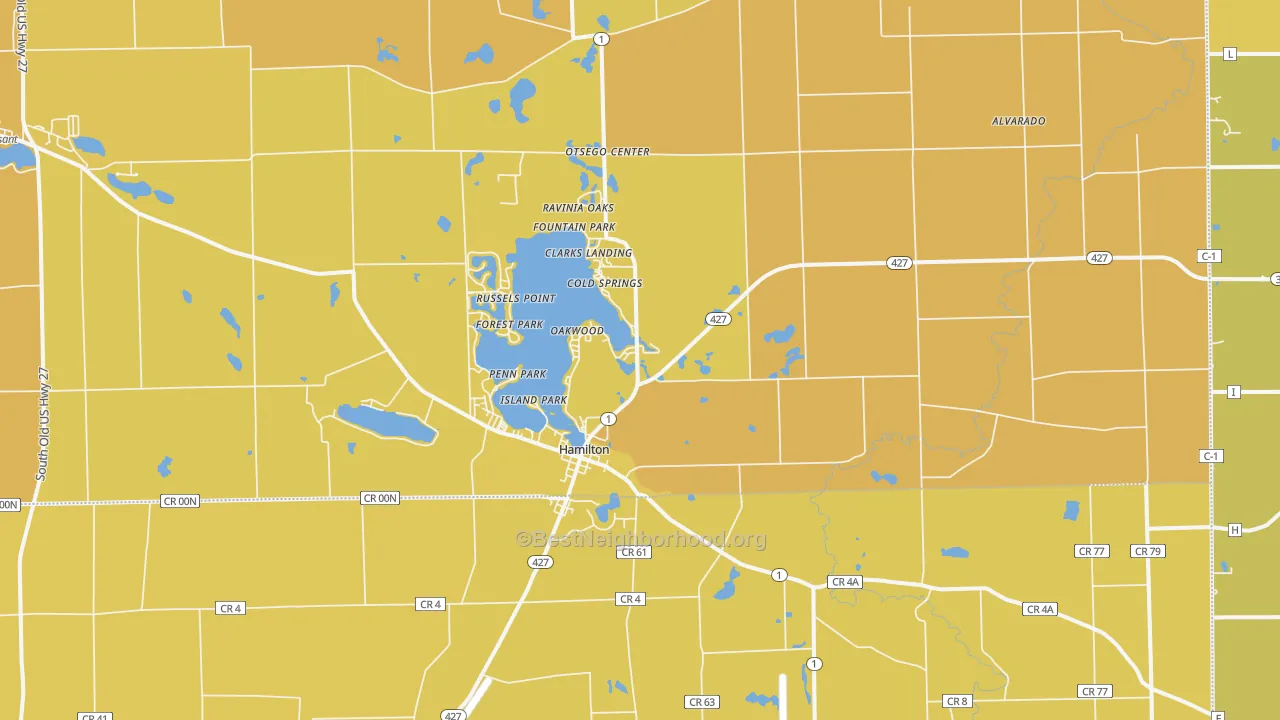 Map of the best neighborhoods in the 46742 area, with better matches in green and worse matches in red