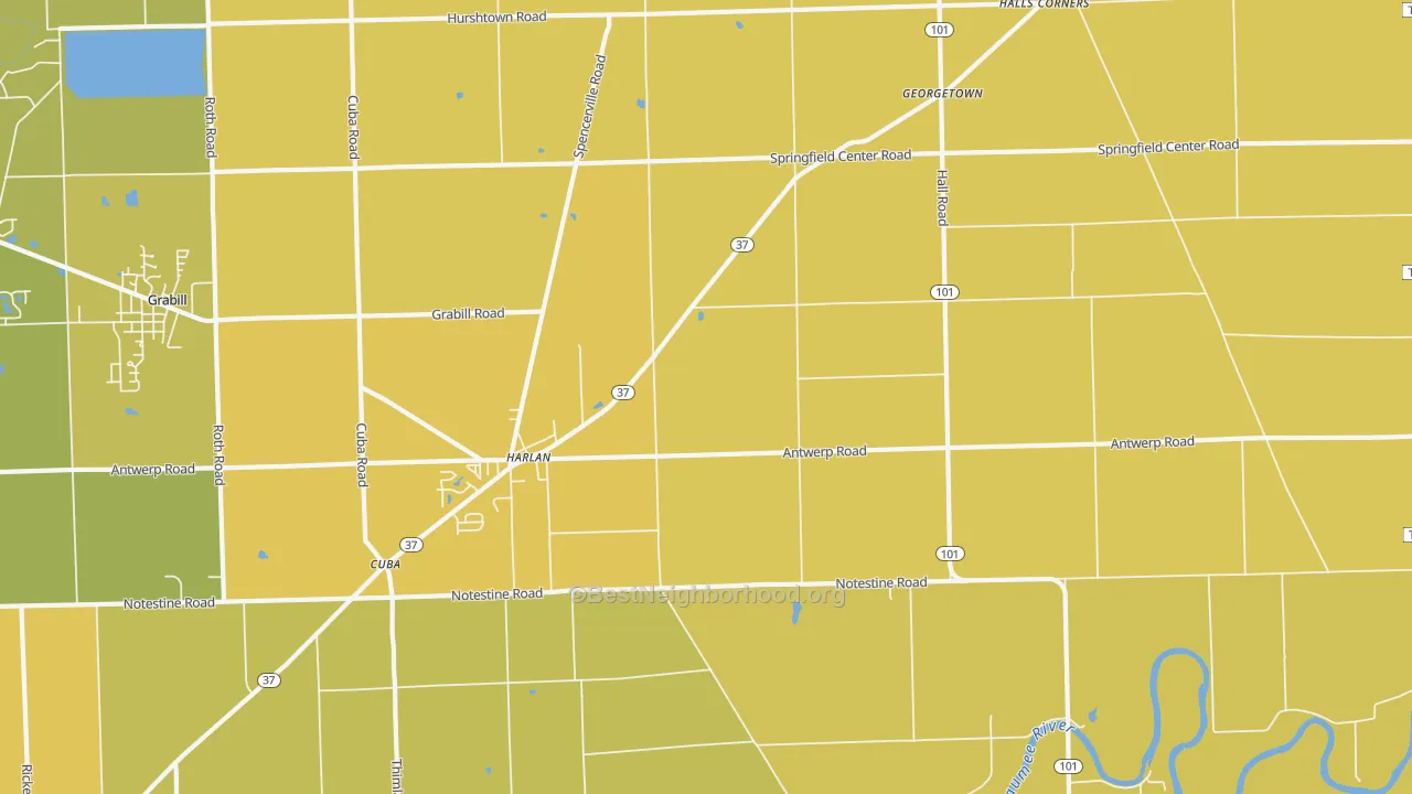 Map of the best neighborhoods in the 46743 area, with better matches in green and worse matches in red
