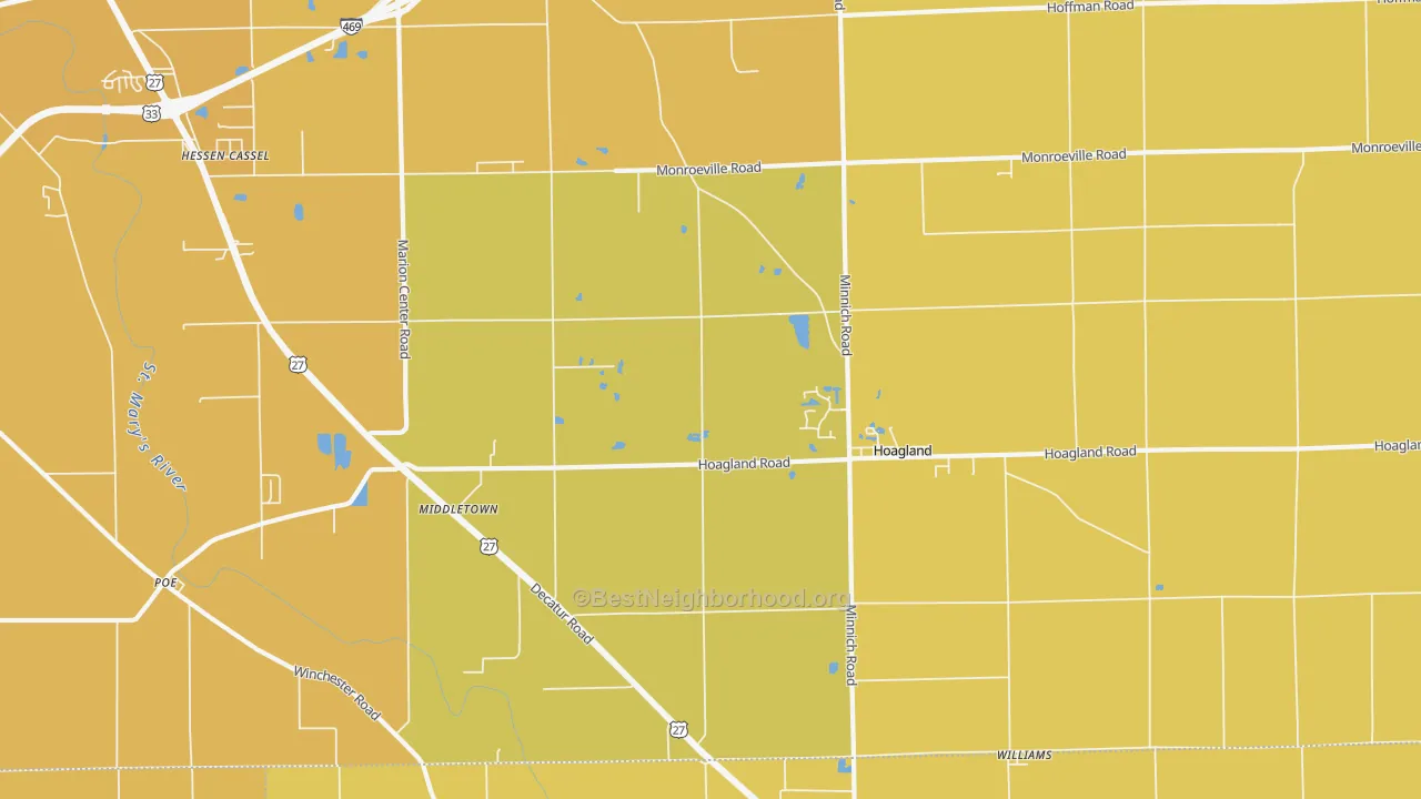 Map of the best neighborhoods in the 46745 area, with better matches in green and worse matches in red