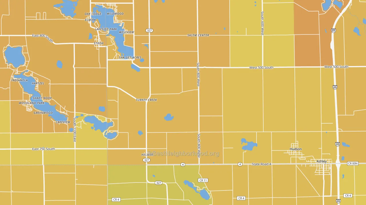 Map of the best neighborhoods in the 46747 area, with better matches in green and worse matches in red