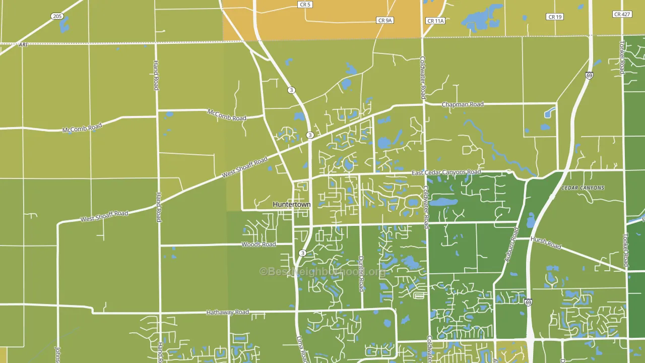 Map of the best neighborhoods in the 46748 area, with better matches in green and worse matches in red