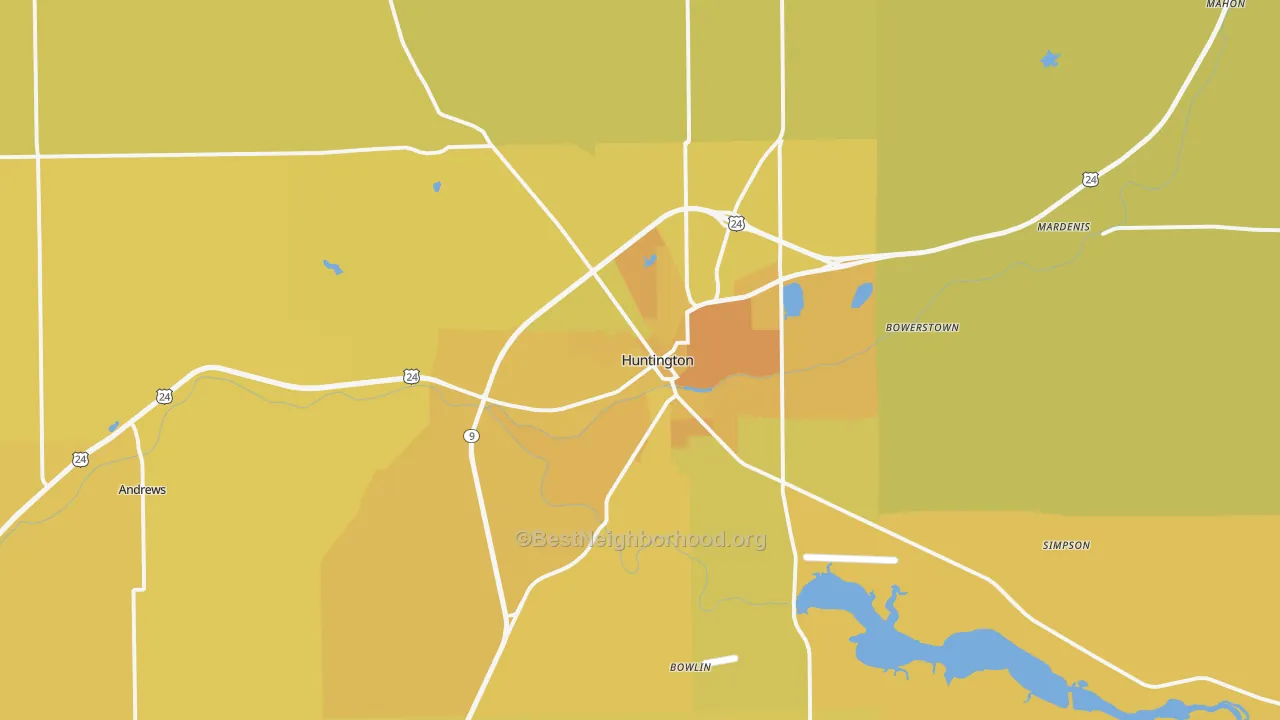 Map of the best neighborhoods in the 46750 area, with better matches in green and worse matches in red