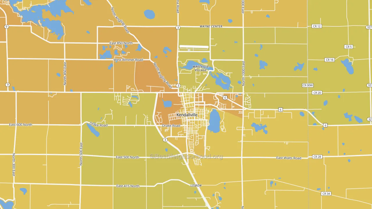 Map of the best neighborhoods in the 46755 area, with better matches in green and worse matches in red